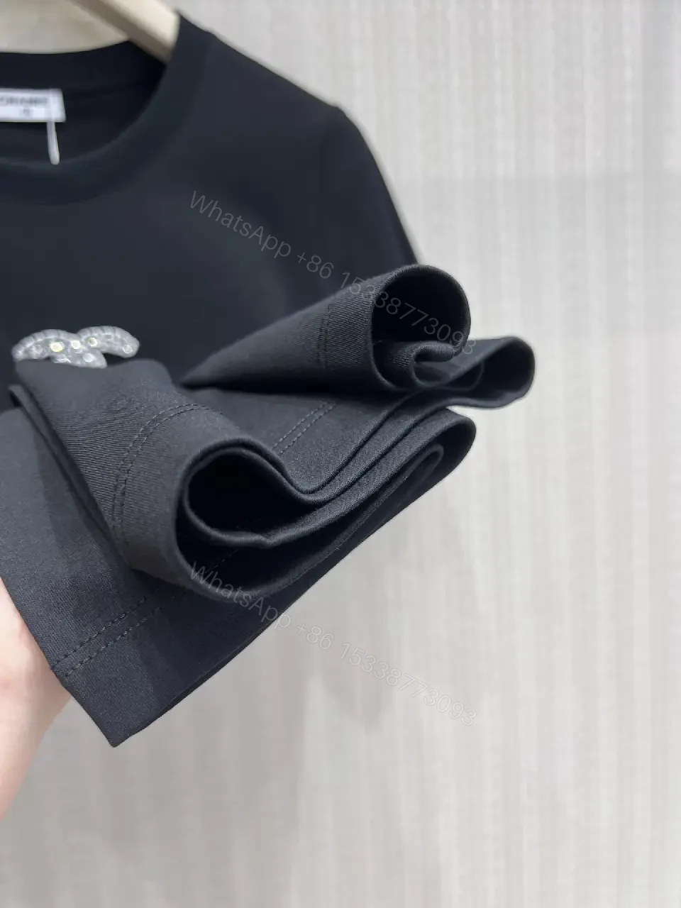 View 10 of Black Cotton T-Shirt with Embroidered Logo Chanel Style Tee