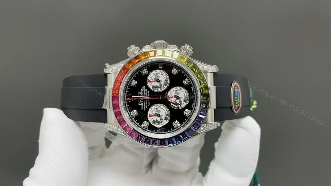 View 2 of Rolex Daytona Rainbow White Gold replica 40MM Rubber Strap Edition RLX-DAYTONA-RAINBOW-SKELETON-43MM