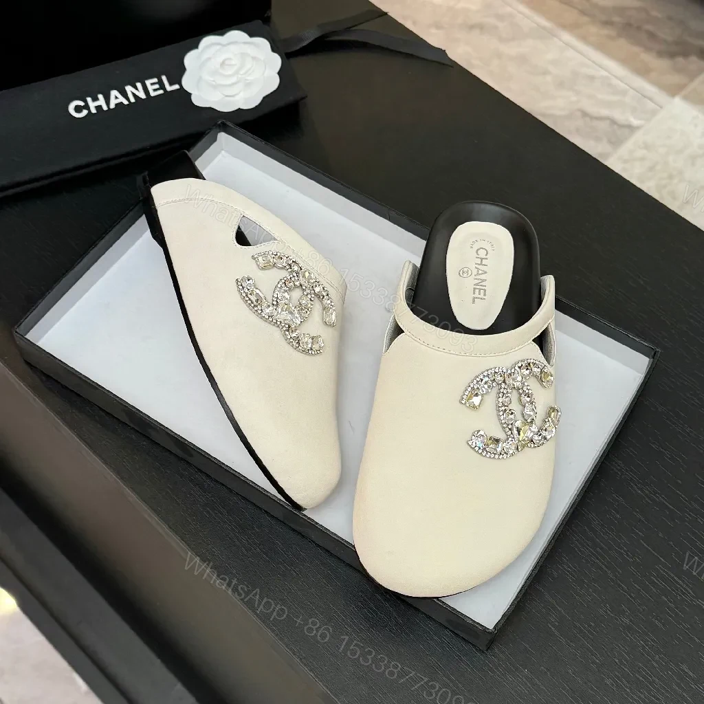 View 7 of Light-Gray Satin Mules with Crystal Emblem - Subtle Glamour