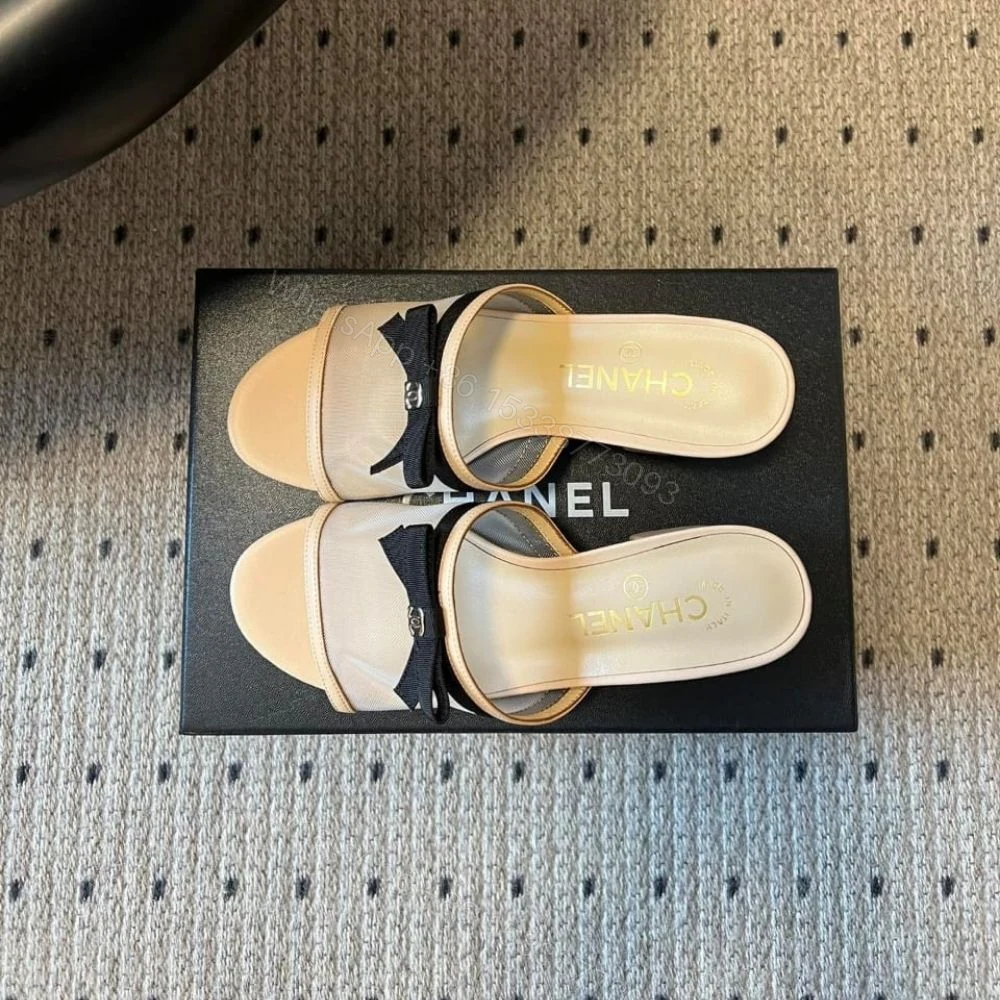 View 4 of Chanel Mesh Bow Block Heel Mules Beige And Black