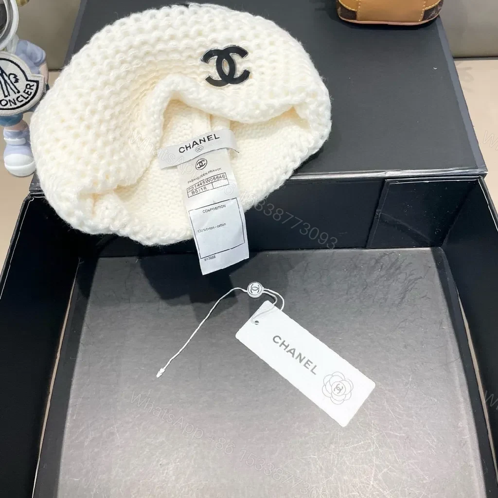 View 3 of White Knit Beanie - Luxe Chanel Accent, Classic Warmth