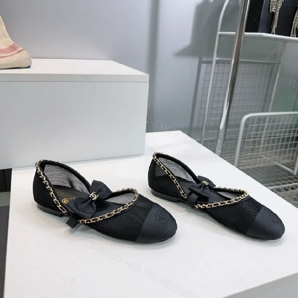 View 9 of Black Satin Bow Flat with Gold Chain Detail, Slip-On Ballet Flat