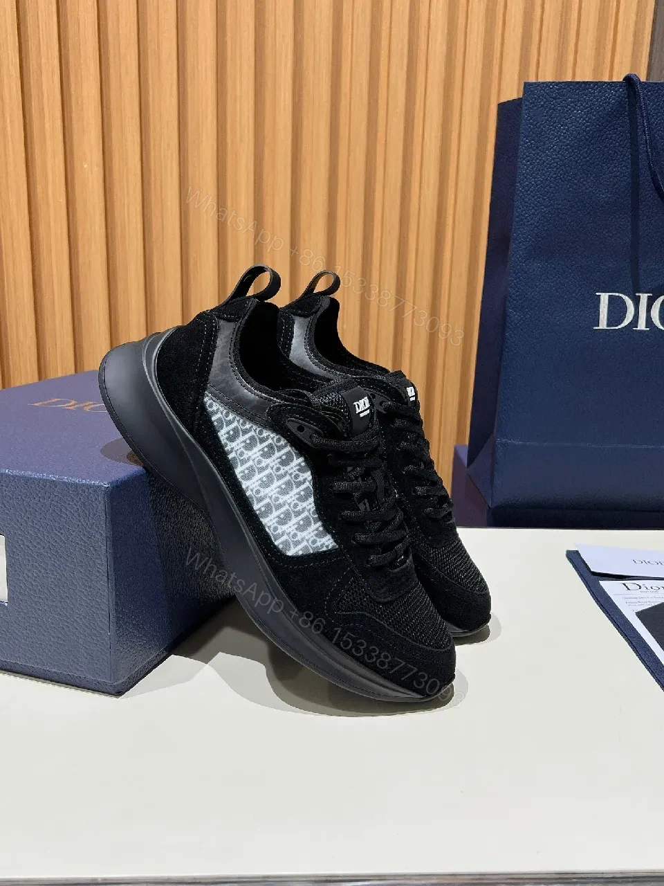 View 2 of Black Mesh Suede Runner with Monogram Accent Sneaker