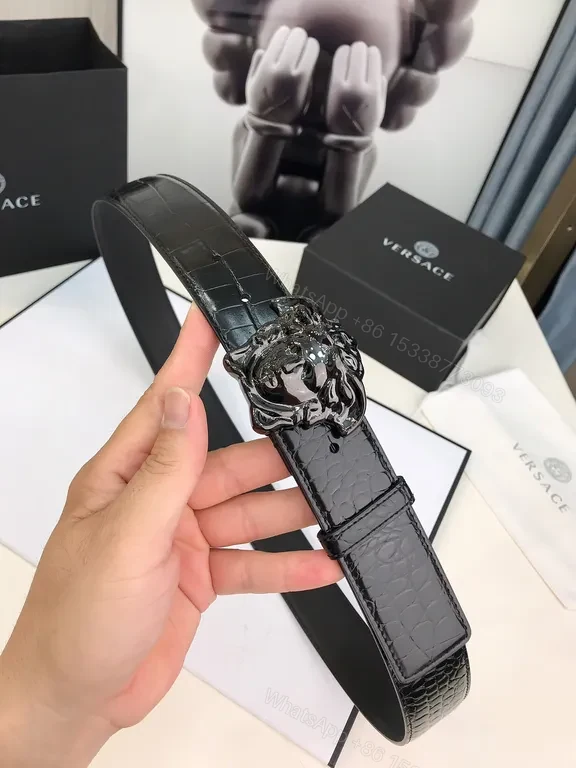 View 4 of Crocodile-Texture Leather Belt: Lion Buckle Luxury Belt