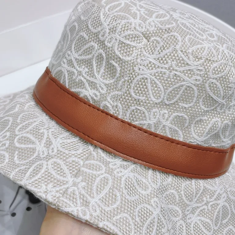 View 4 of White Jacquard Bucket Hat: Luxe Loewe Style, Leather Band, Unisex