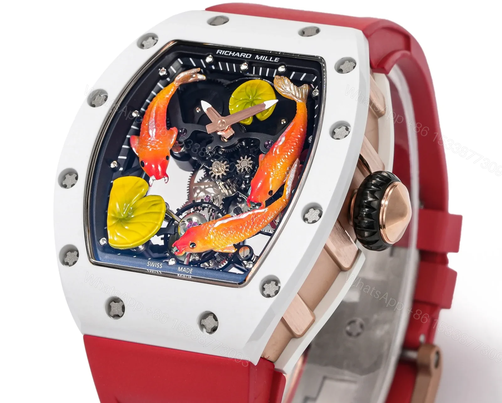 View 2 of Richard Mille RM S10 Koi Tourbillon Watch Red Strap Colorful Koi Art Dial Red Gold Diamond Decoration Flying Tourbillon Mechanical Edition RM-S10-KOI-RDS-ART