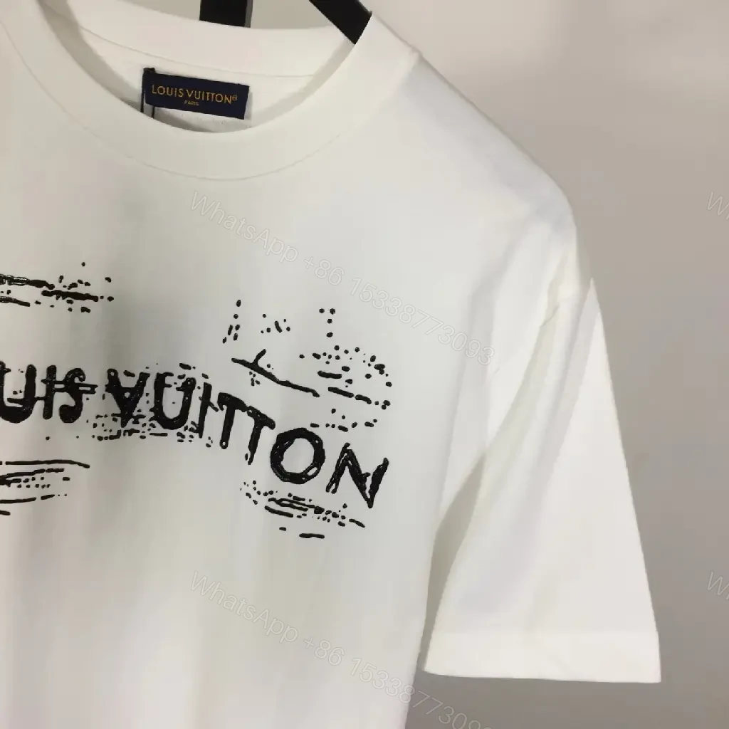 View 3 of White Cotton Graphic Tee with LV Brushwork - Relaxed Fit Tee