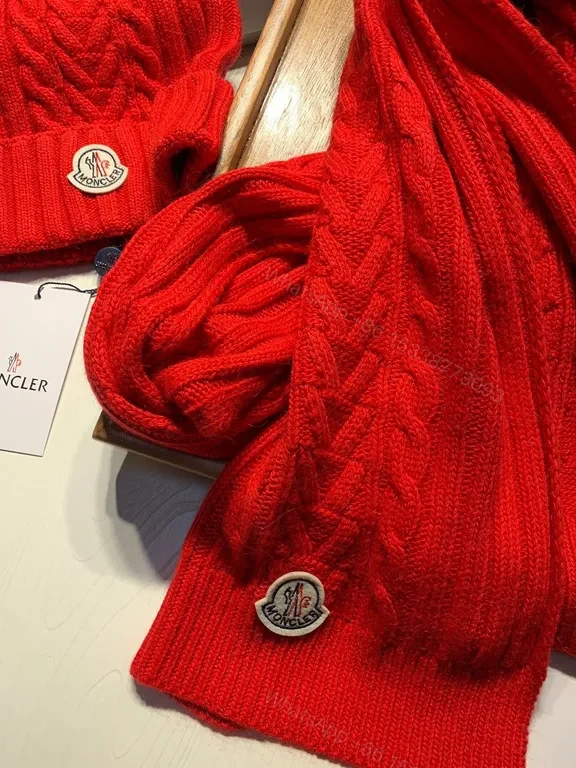 View 9 of Bold Red Knit Set: Moncler Wool Beanie & Scarf Set