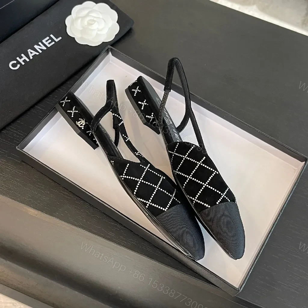 View 9 of Diamond-Pattern Black Slingback Heels | Pointed Toe, Cushioned Insole