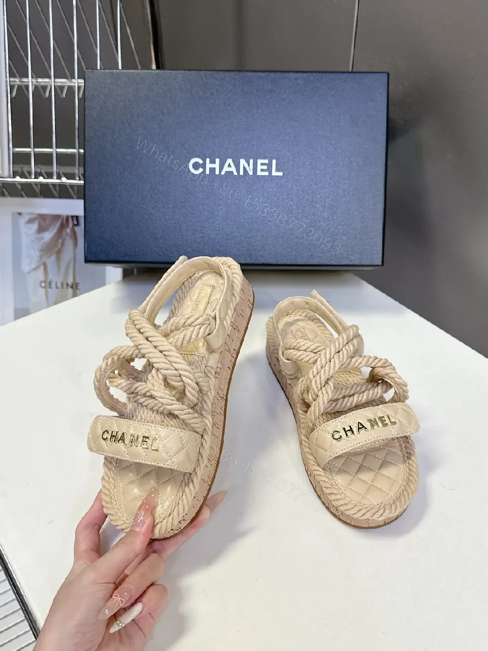 View 5 of Quilted Footbed Sandals with Knit Straps, Neutral Tone