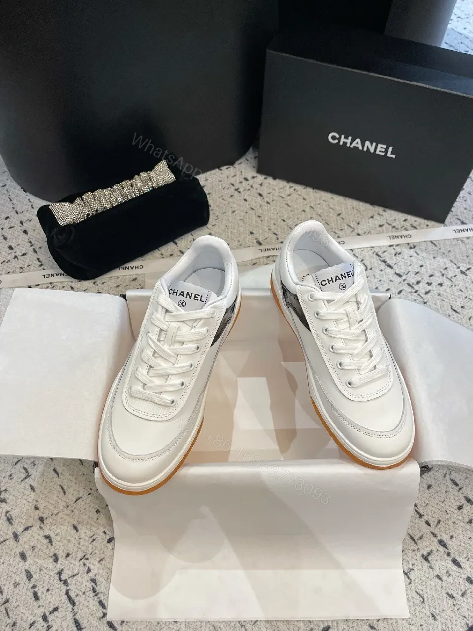 View 4 of White Leather High-Top Sneakers with Logo Accent