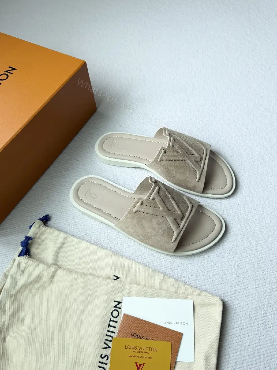 View 4 of Soft-Tone LV-Inspired Suede Slip-On Sandal with Cushioned Footbed