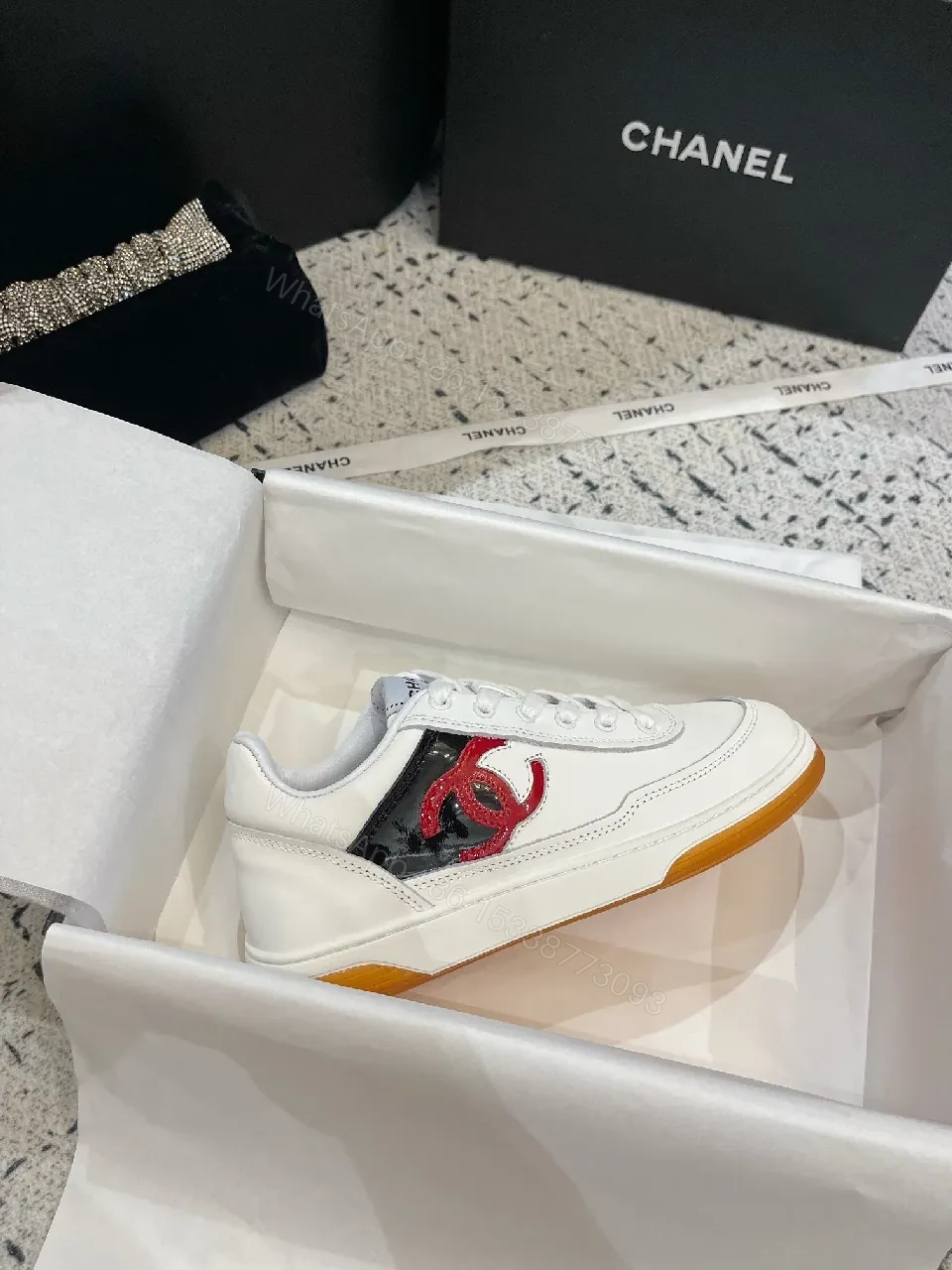 View 6 of White Leather High-Top Sneakers with Logo Accent