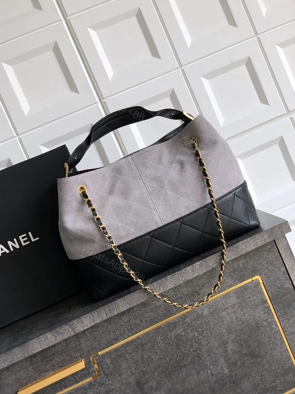 View 5 of Two-Tone Taupe/Black Quilted Tote with Gold Chain Strap