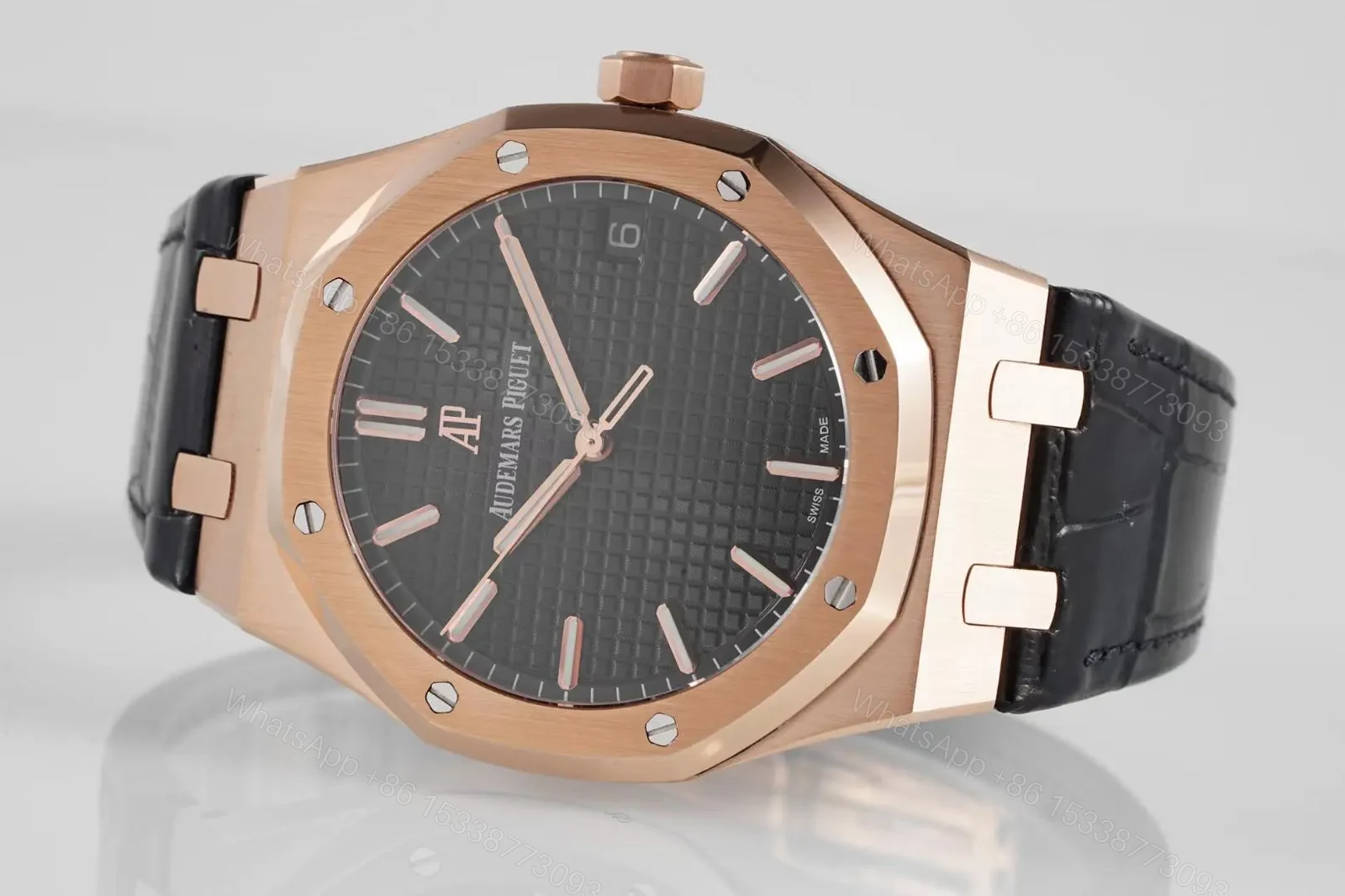 View 5 of BF Factory Audemars Piguet Royal Oak 15500 Rose Gold Black Dial Black Leather Strap Watch