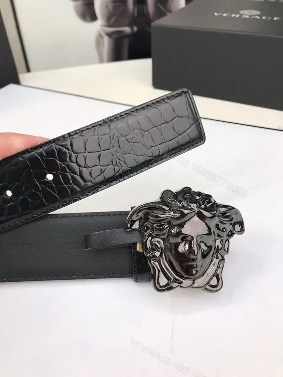 View 3 of Crocodile-Texture Leather Belt: Lion Buckle Luxury Belt