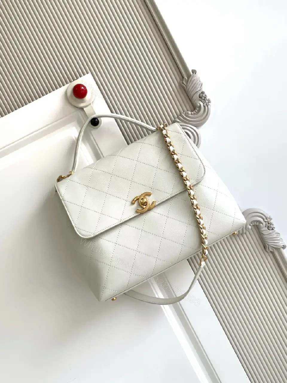 View 4 of White Quilted Leather Bag with Gold Chain Accent, Convertible Shoulder/Crossbody