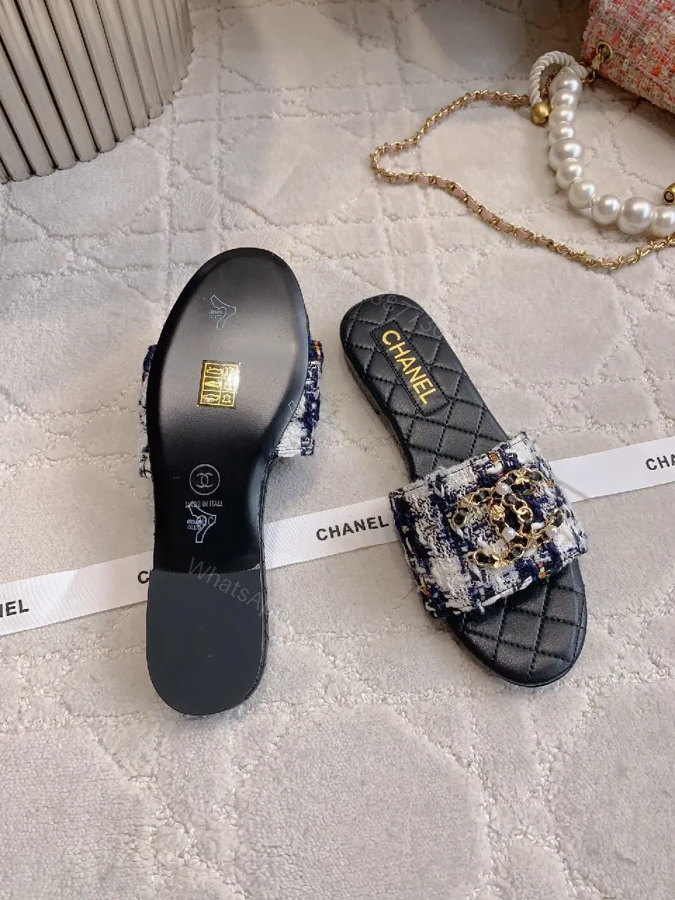 View 6 of Textured Tweed Slide Sandals with Interlock Detail