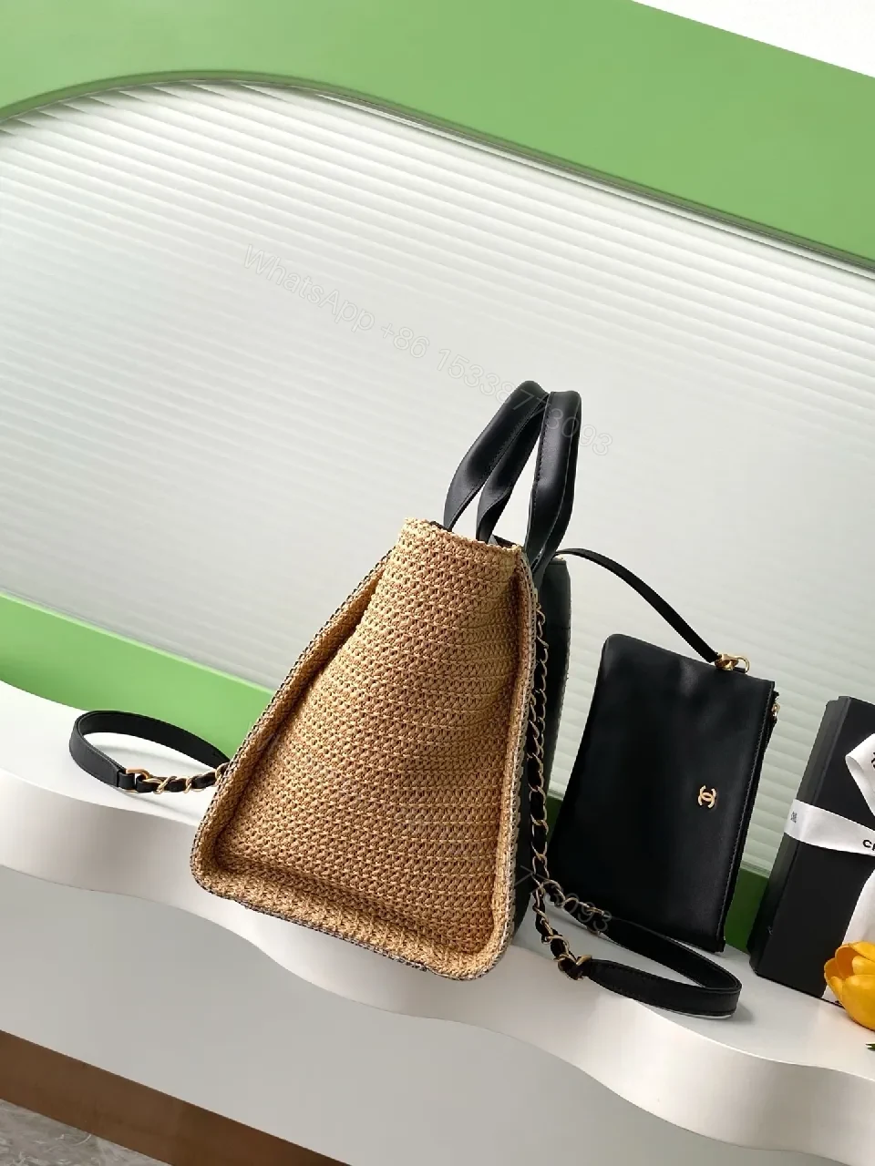 View 9 of Black Canvas Tote, Gold-Threaded Chain, Luxe Texture Bag