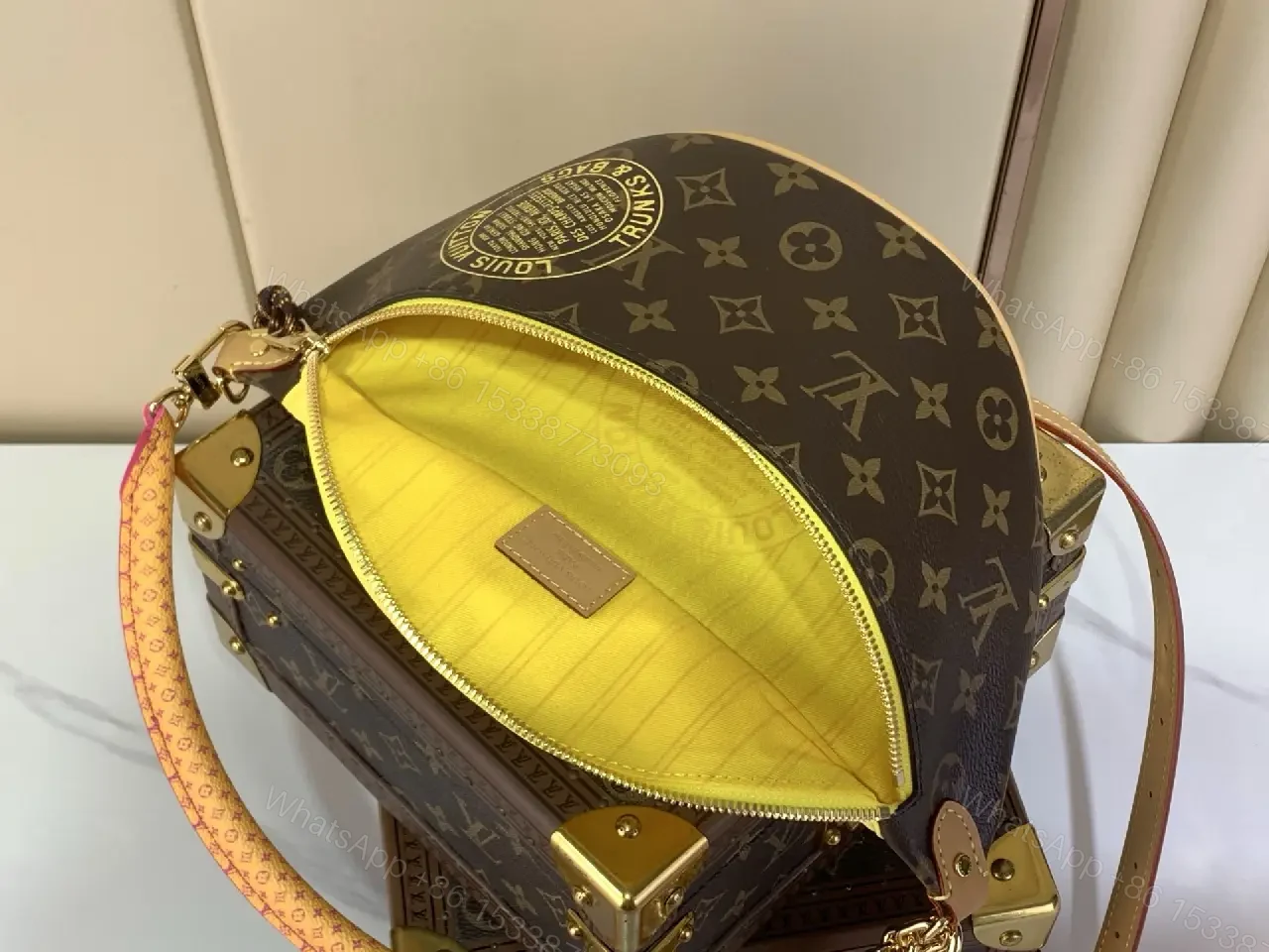 View 6 of Dark Brown LV Monogram Crescent Belt Bag with Yellow Top Panel