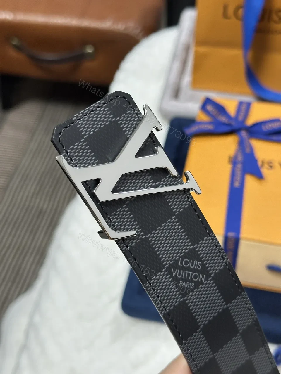 View 6 of Checkerboard Leather Belt with Signature Buckle — Modern Luxury Belt