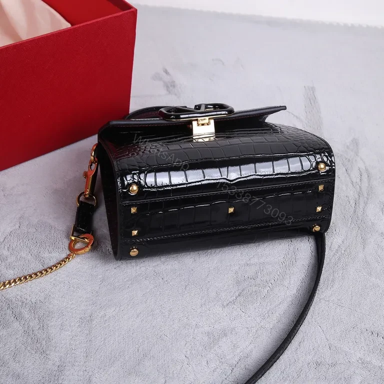 View 8 of Croc-Embossed Satchel: Black Calfskin Valentino Bag