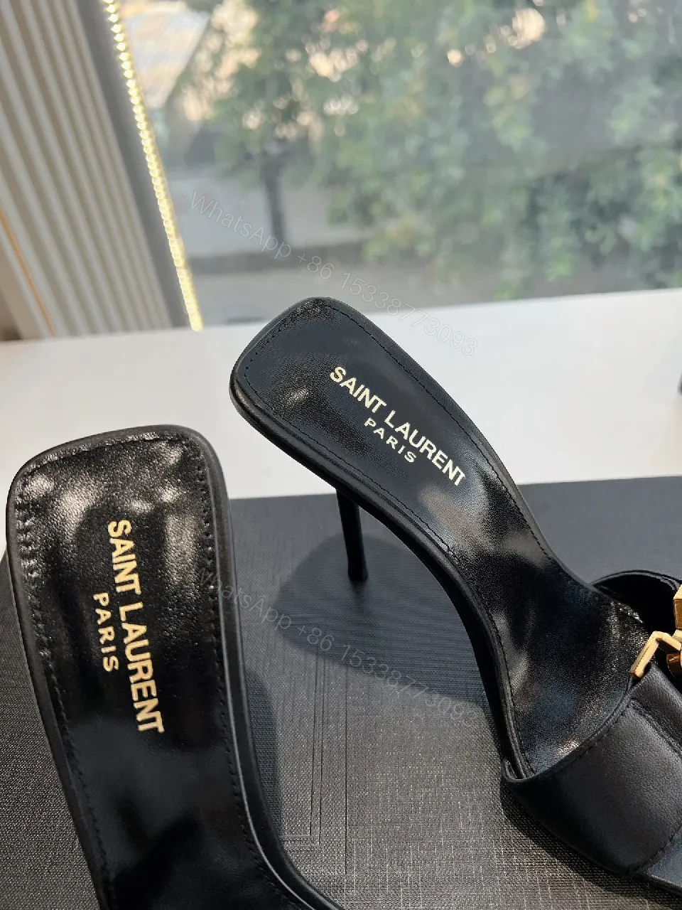 View 4 of Black Satin Mules with YSL Gold Emblem - Luxe Everyday Glam
