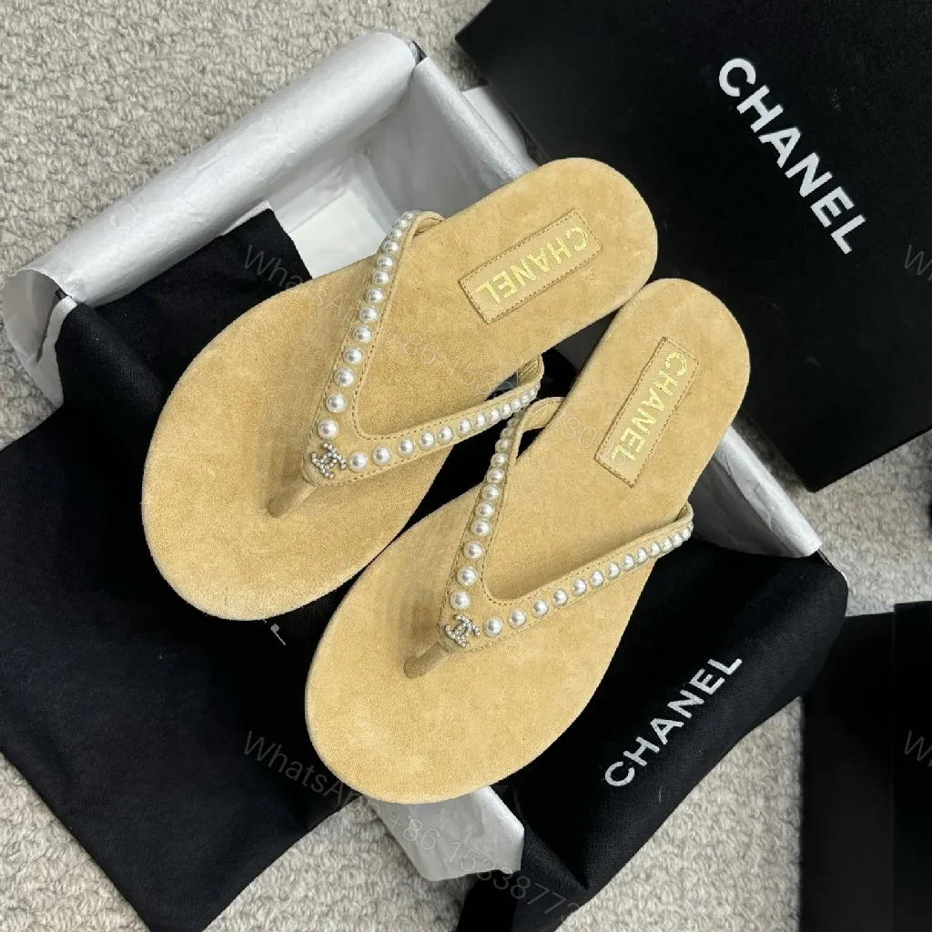 View 7 of Pearl-Trim Sandals: Suede Footbed, Beaded Straps, Beige Leather