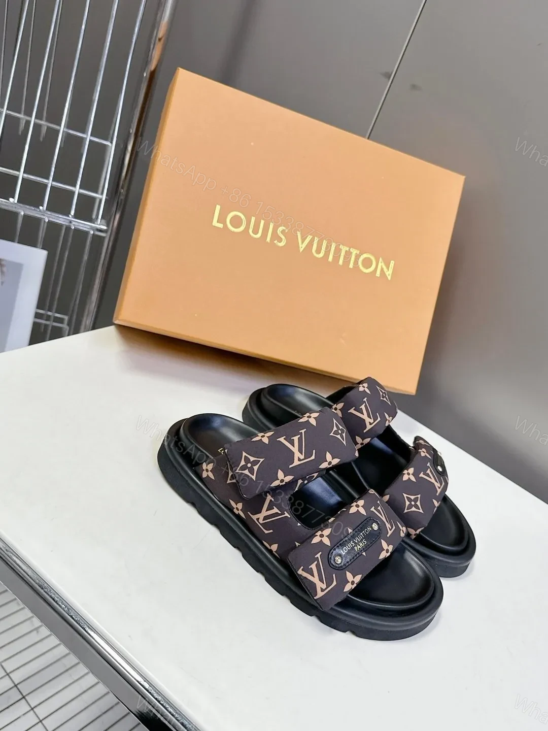 View 3 of LV Women Black Brown Patterned Fabric Sandals