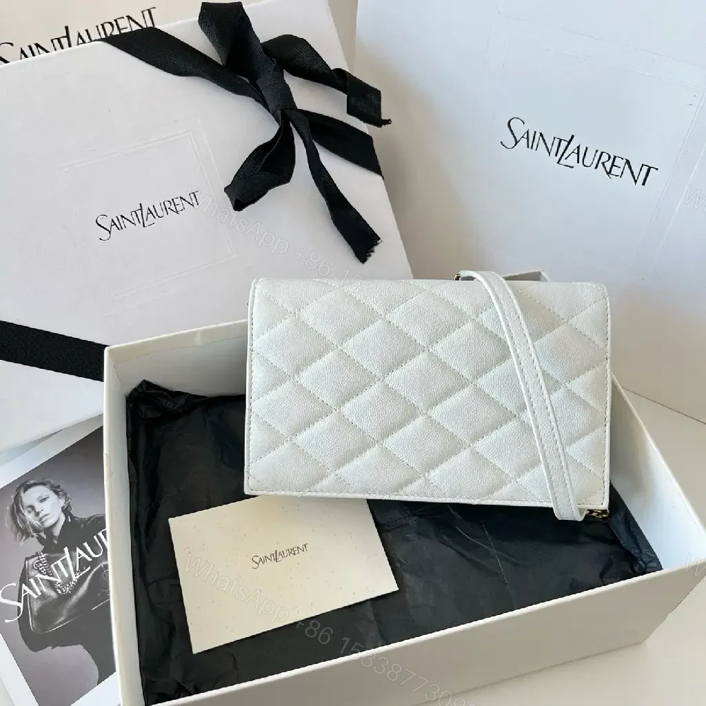 View 5 of White Quilted Leather Compact YSL Crossbody Bag with Gold Logo