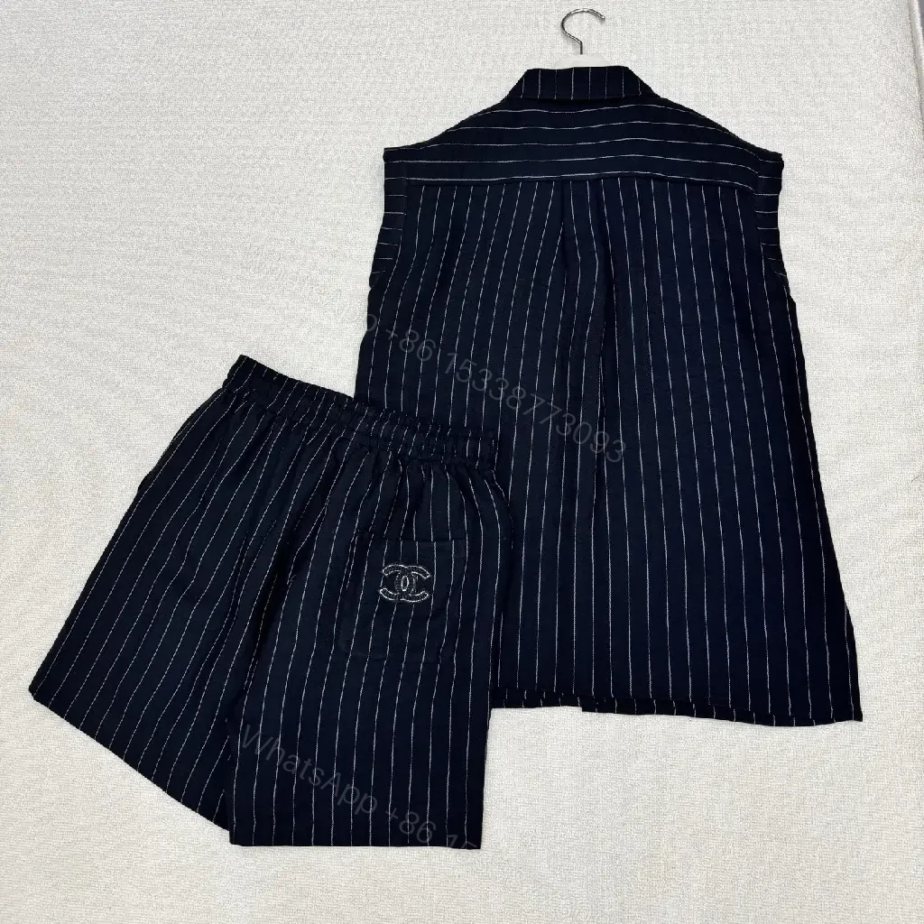 View 2 of Navy Pinstripe Linen Set with Chanel Logo Pocketless Style