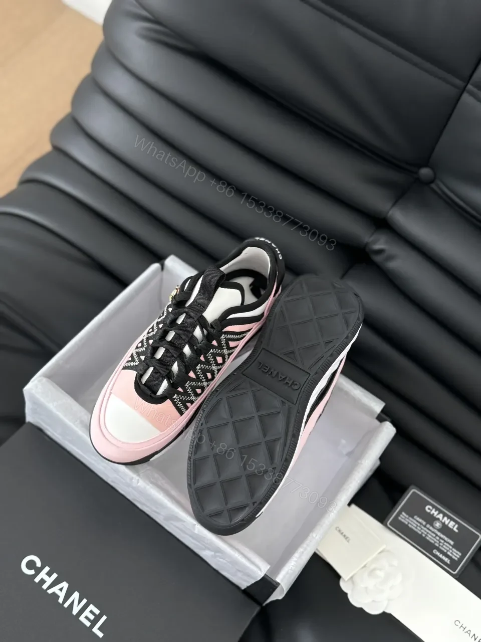 View 9 of Pink & Black Patterned Low-Top Sneakers with Luxe Details