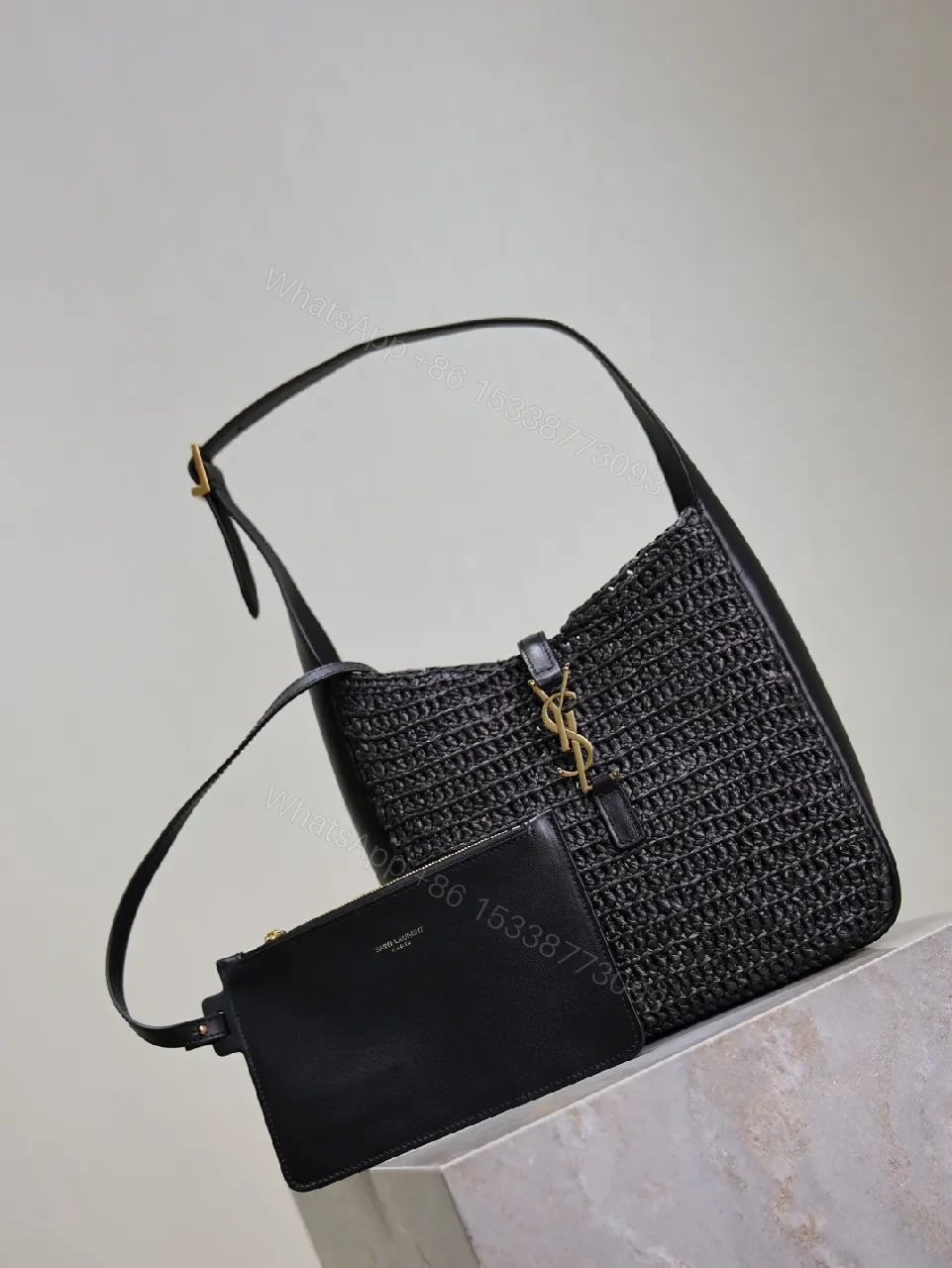 View 9 of Compact Woven Leather Hobo with Chain-Accent Black Leather Bag