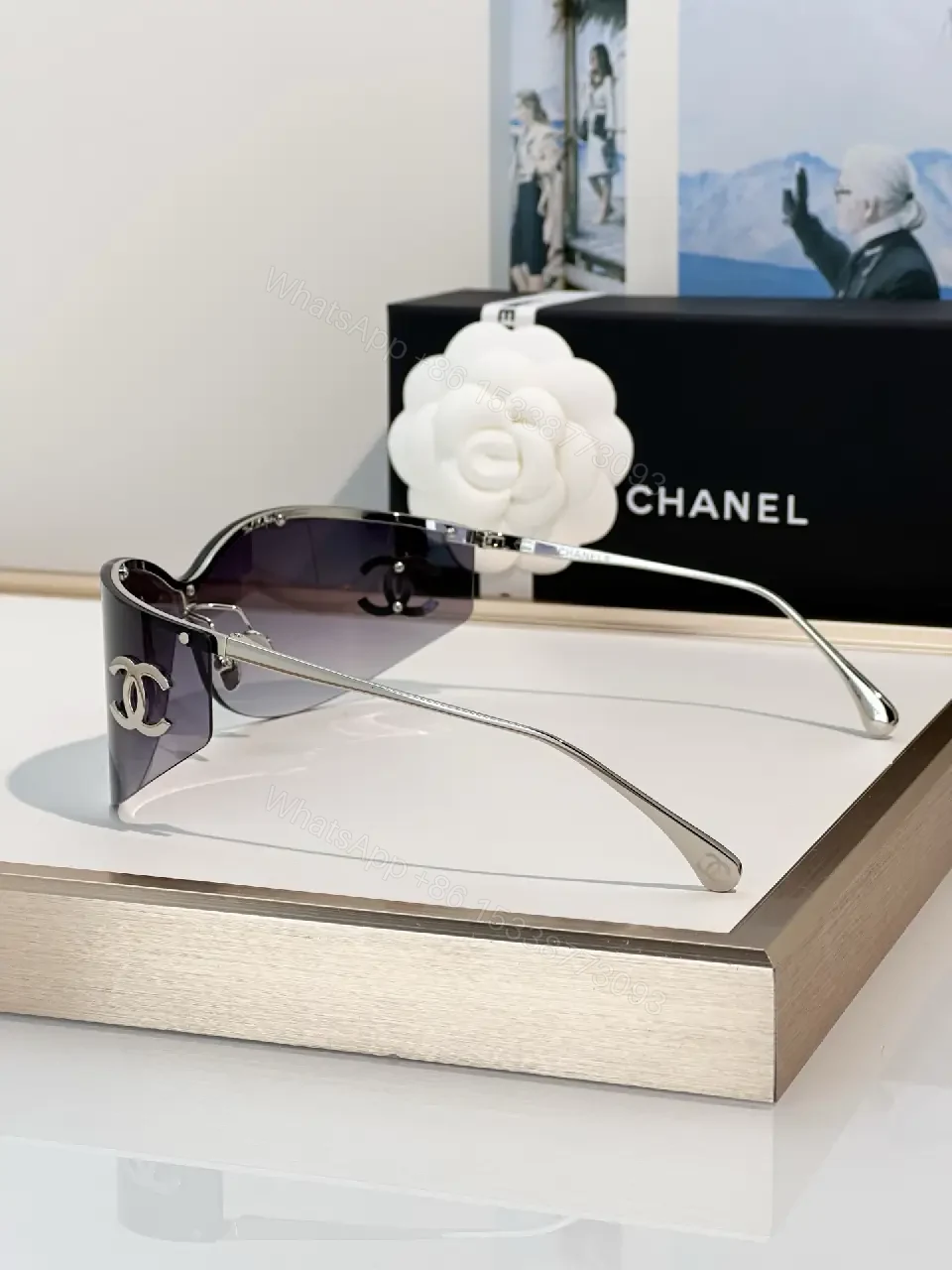 View 3 of Lux Black Gold Shield Sunglasses with Chanel Logo