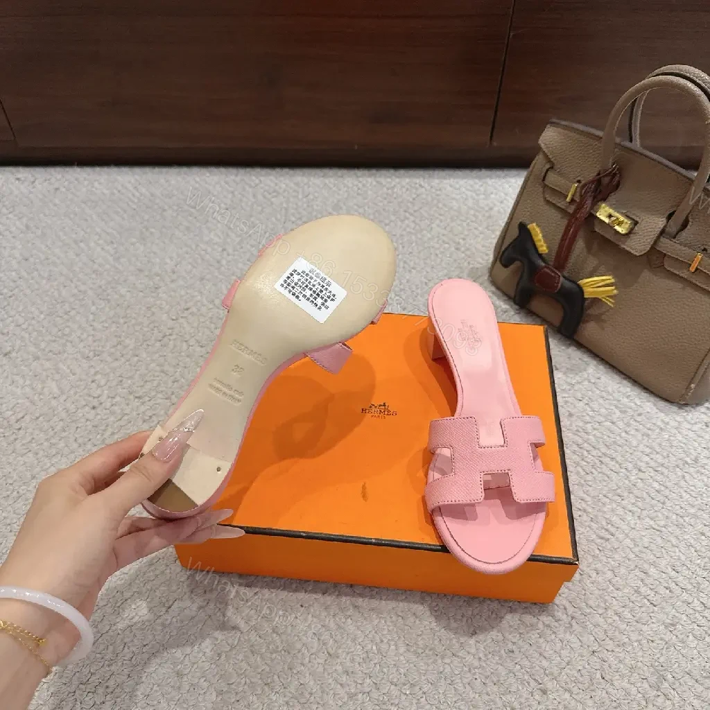 View 10 of Pink Leather H-Style Slide Sandals, Hermès-Inspired, Classic Platform Slide
