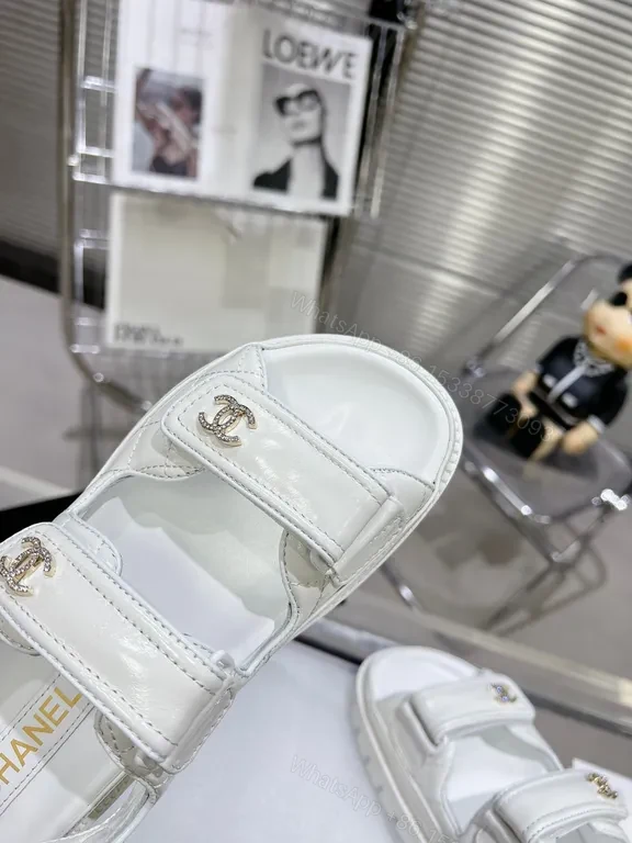 View 6 of White Leather Velcro Sandals with Chanel-Inspired Hardware