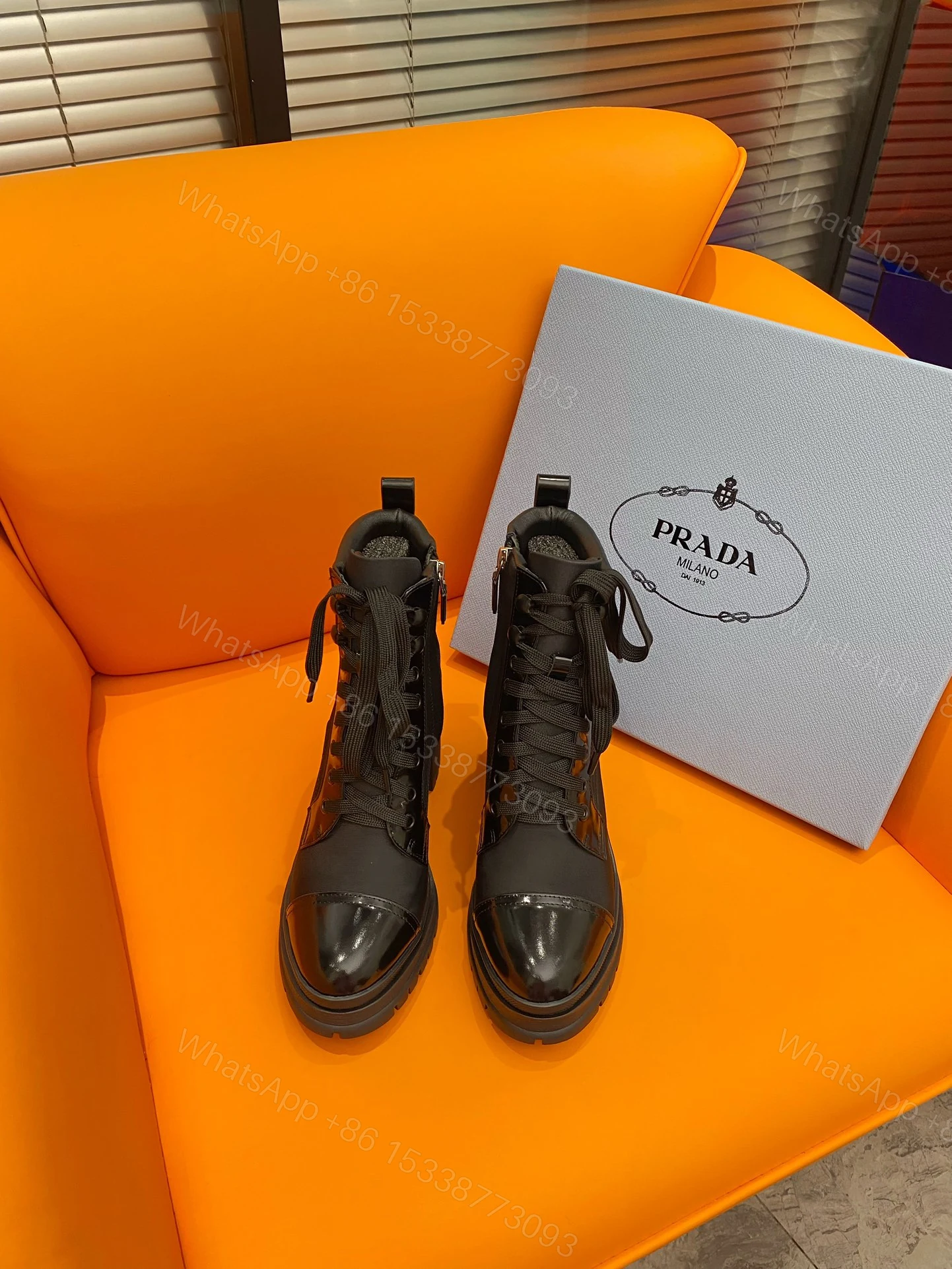 View 7 of PRADA LOGO PLAQUE ANKLE BOOTS BLACK