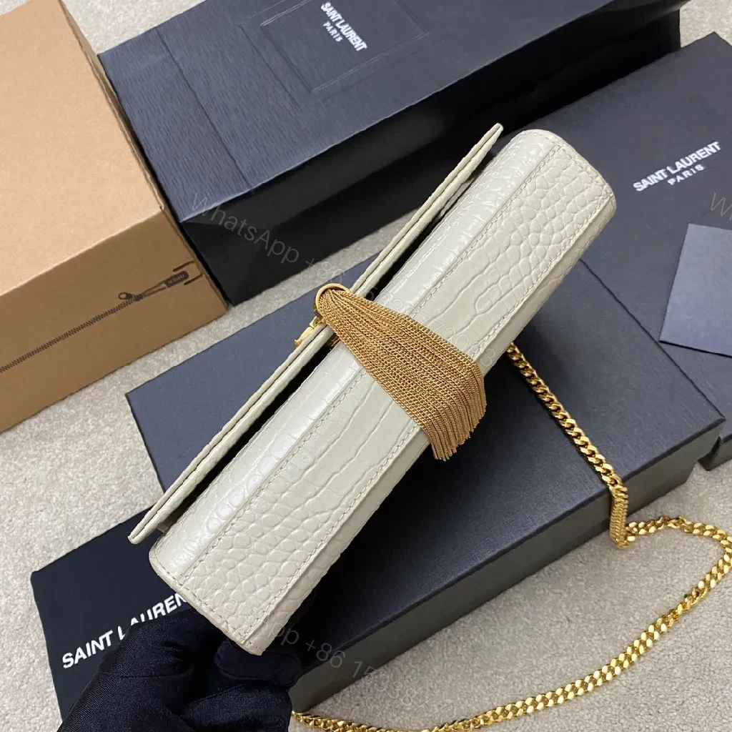 View 7 of Croc-Texture Clutch with Gold Monogram Tassel