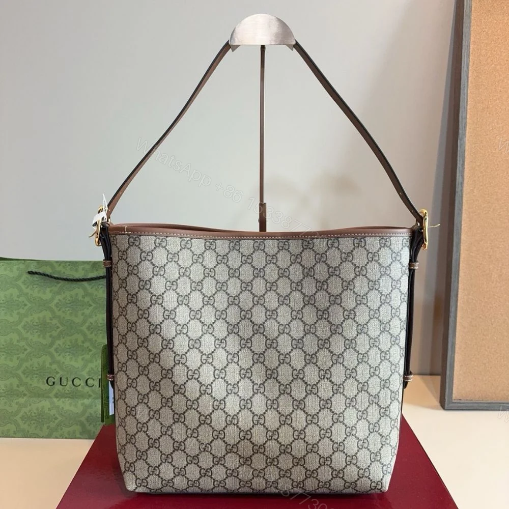 View 6 of Gucci GG Emblem Medium Bucket Bag Beige And Dark Brown Fabric 29Cm 815103 FAD6L 9758