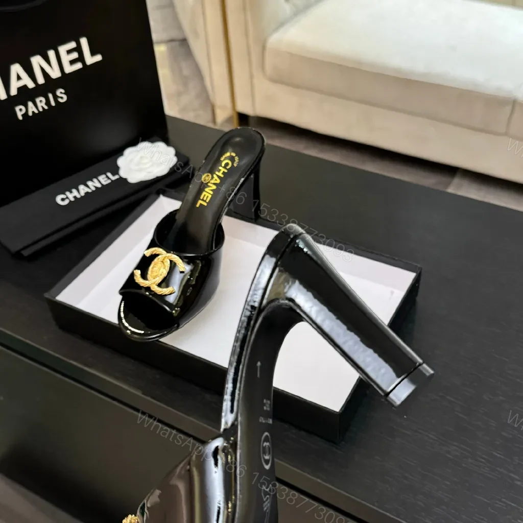 View 2 of Black Patent Mule with Gold Logo Accent – Open-Toe, Block-Heel, Luxury Style