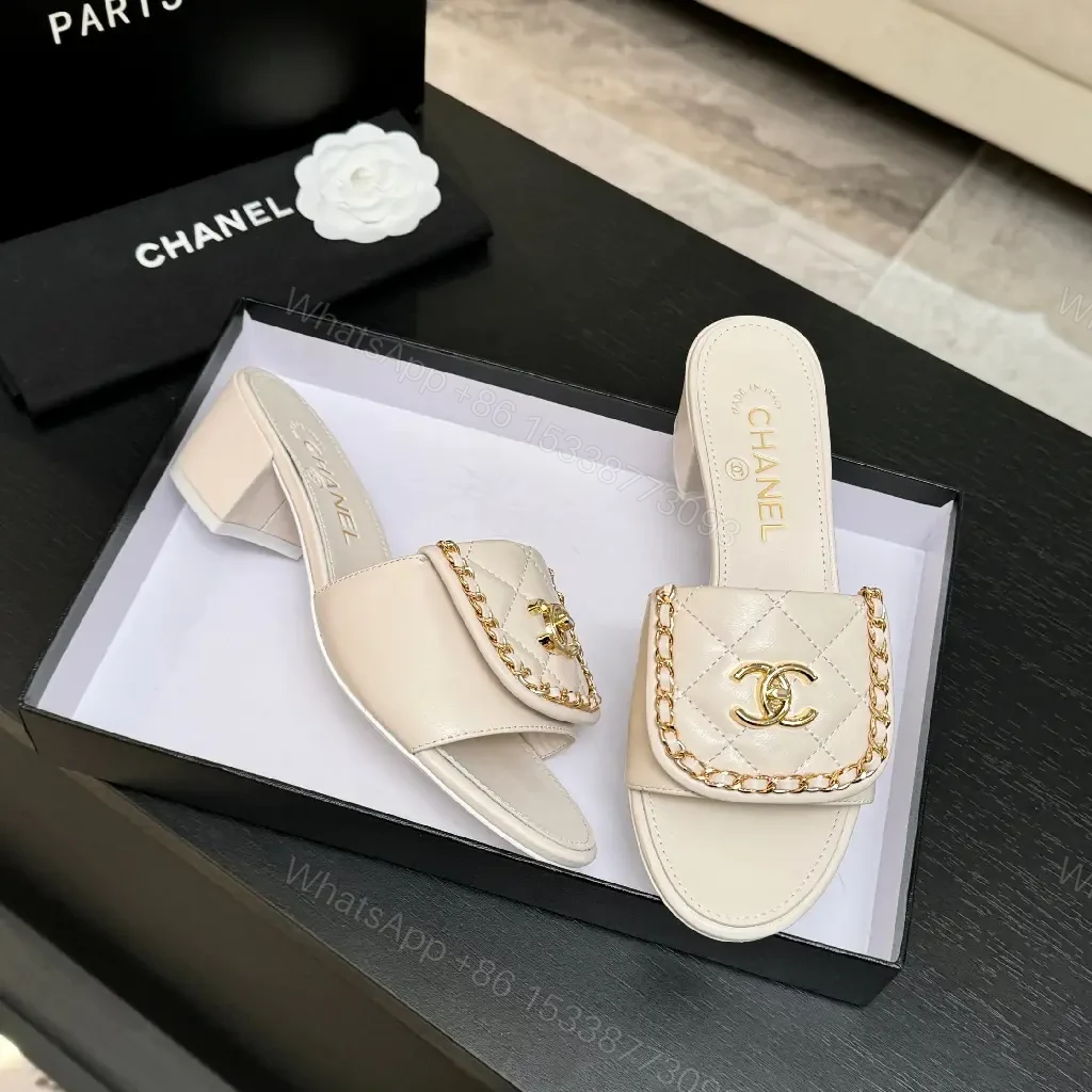 View 4 of Chic Quilted Leather Slides with Gold Logo - Light Beige