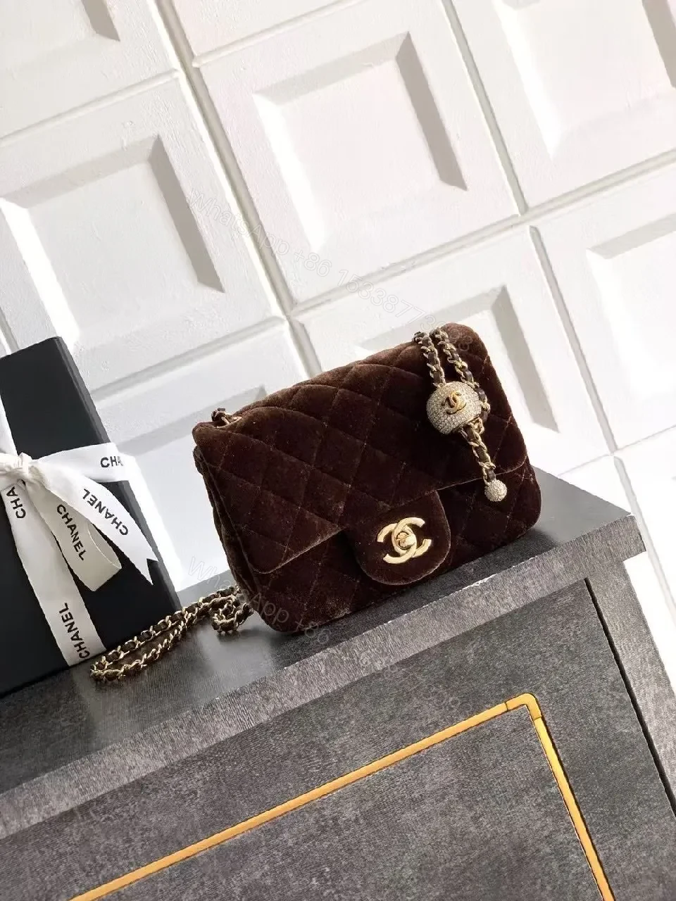 Chic Velvet Quilted Crossbody Bag with Gold Hardware — view 1