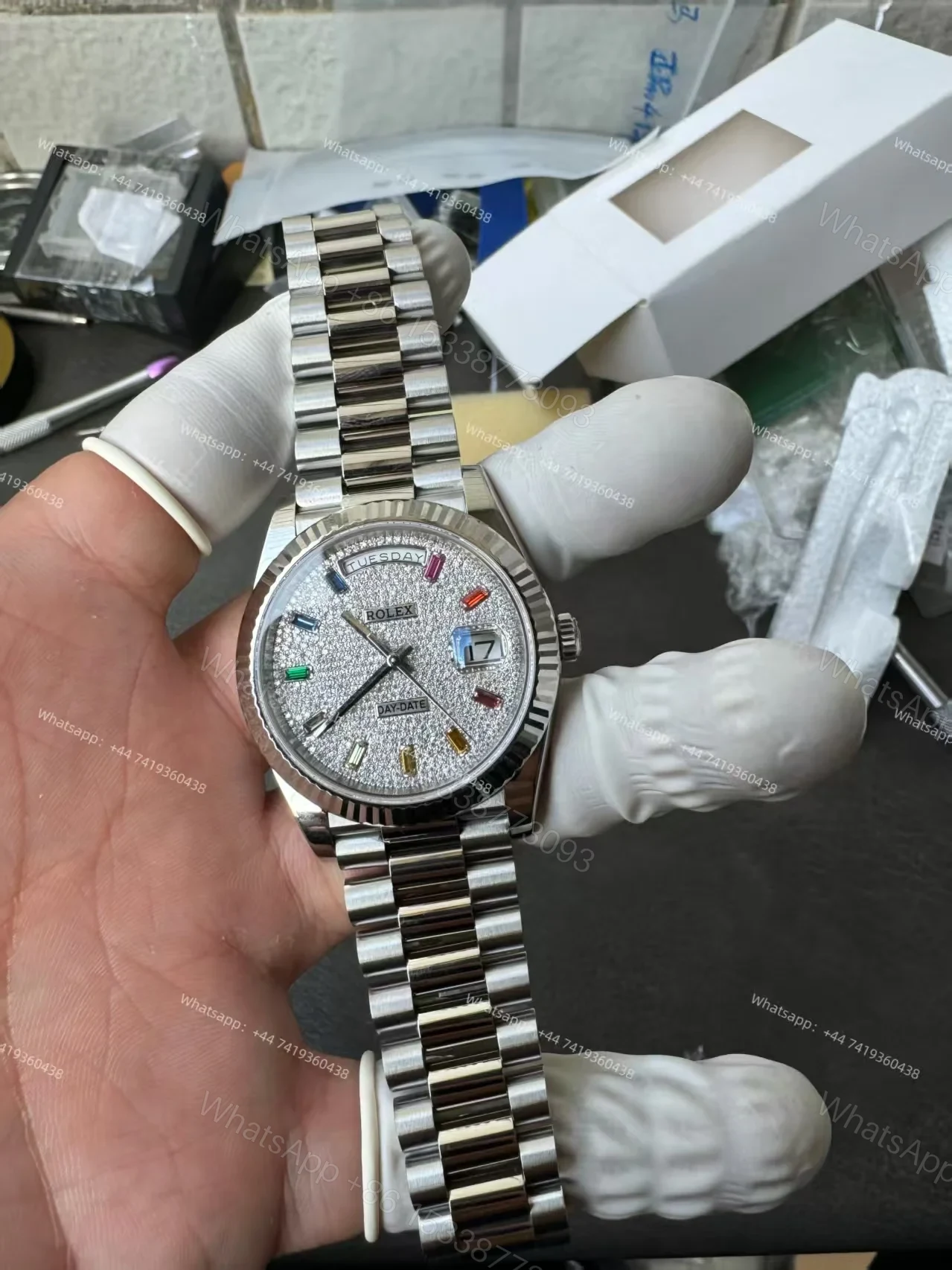 View 8 of Rolex Day-Date M128239-0019 1:1 Replica Moissanite Rainbow Diamond Dial 36MM 3255 Movement Presidential Bracelet Super Clone Watch