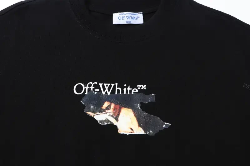 View 5 of Dark Black Cotton Tee with Off-White Logo Print – Relaxed Fit Shirt