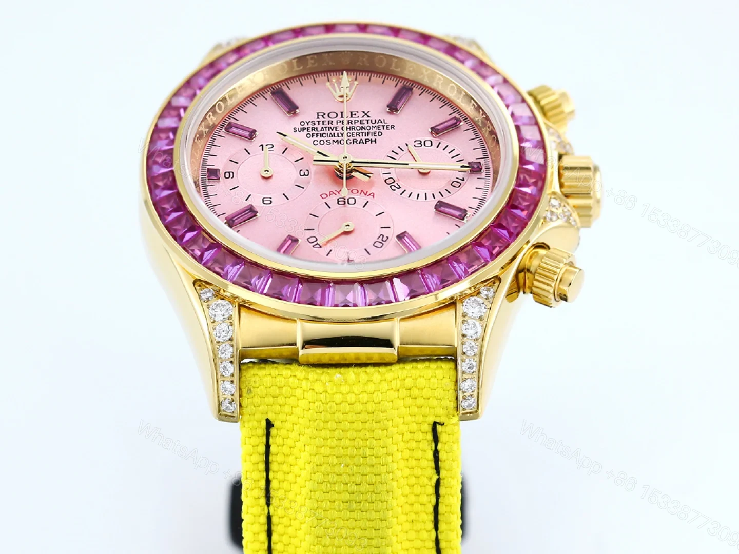 View 2 of Rolex Daytona Pink Ruby Yellow Strap Replica 43MM Exclusive Gold Case Edition RG-ROLEX-DAYTONA-PINK-RUBY-YELLOW-43