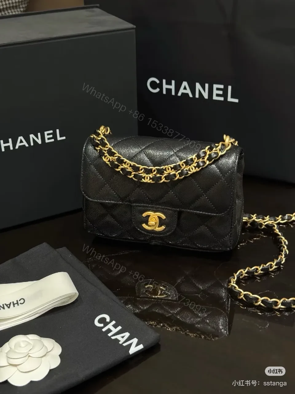 View 7 of Black Quilted Calfskin Flap Bag with Gold Chain - Compact Luxury Bag