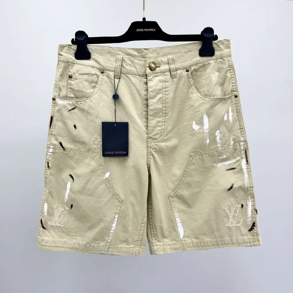 View 2 of Beige Denim-Style Shorts with LV Details, Distressed Comfort