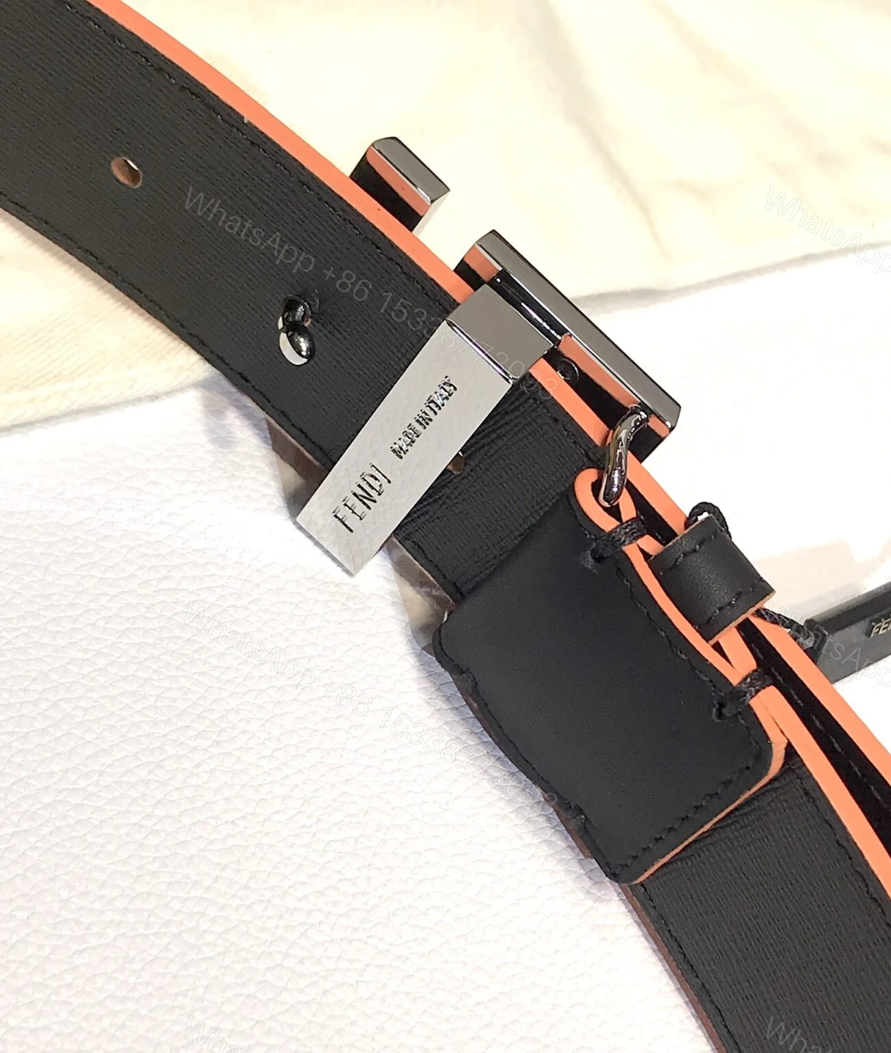 View 4 of FENDI’S BLACK LEATHER BETL NEON ORANGE 40MM