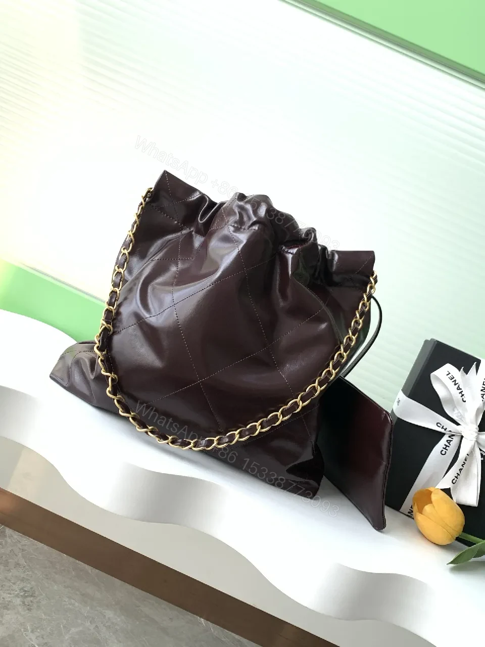 View 6 of Quilted Leather Tote with Gold Chain—Chic Lux Tote