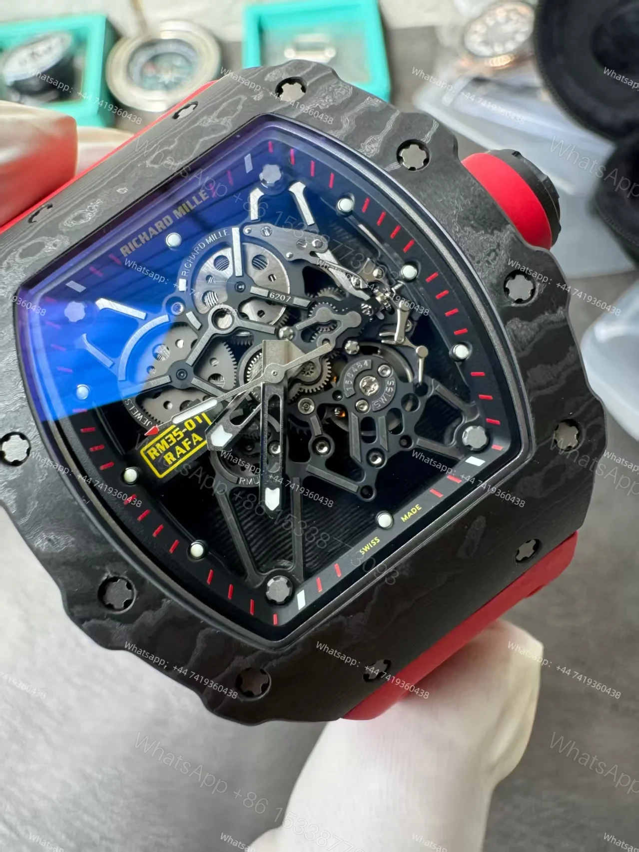 View 7 of Super Clone Richard Mille RM 35-01 Carbon TPT Skeleton Red Rubber Strap 1:1 Replica Watch